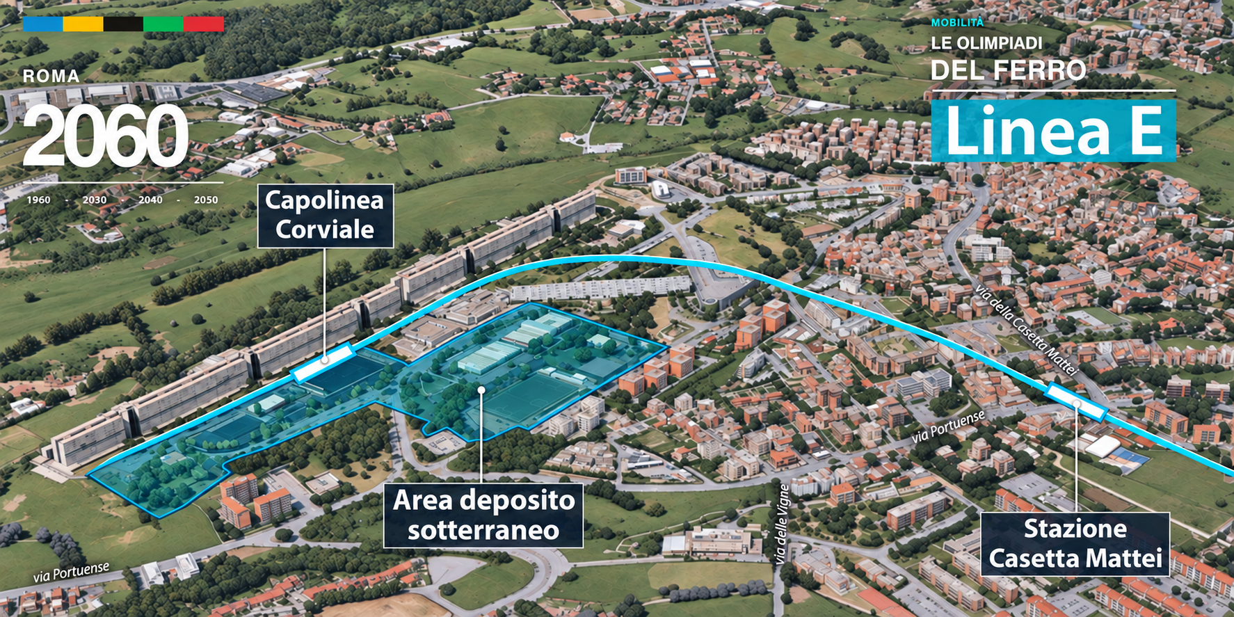 Metro E: capolinea Corviale, area del deposito sotterraneo e stazione Casetta Mattei, con i riferimenti alla viabilità locale