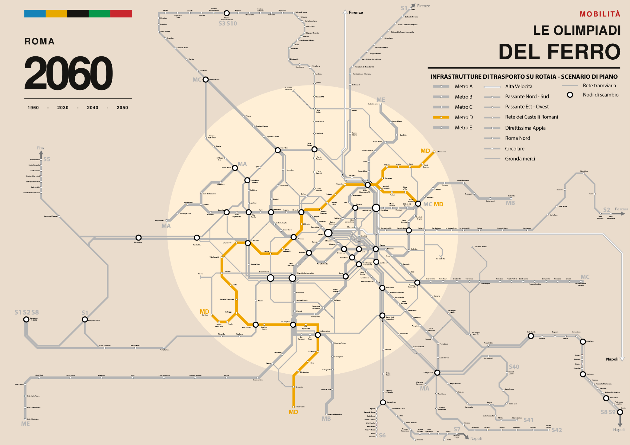 Scenario 1: Linea D a colori e altre infrastrutture in grigio
